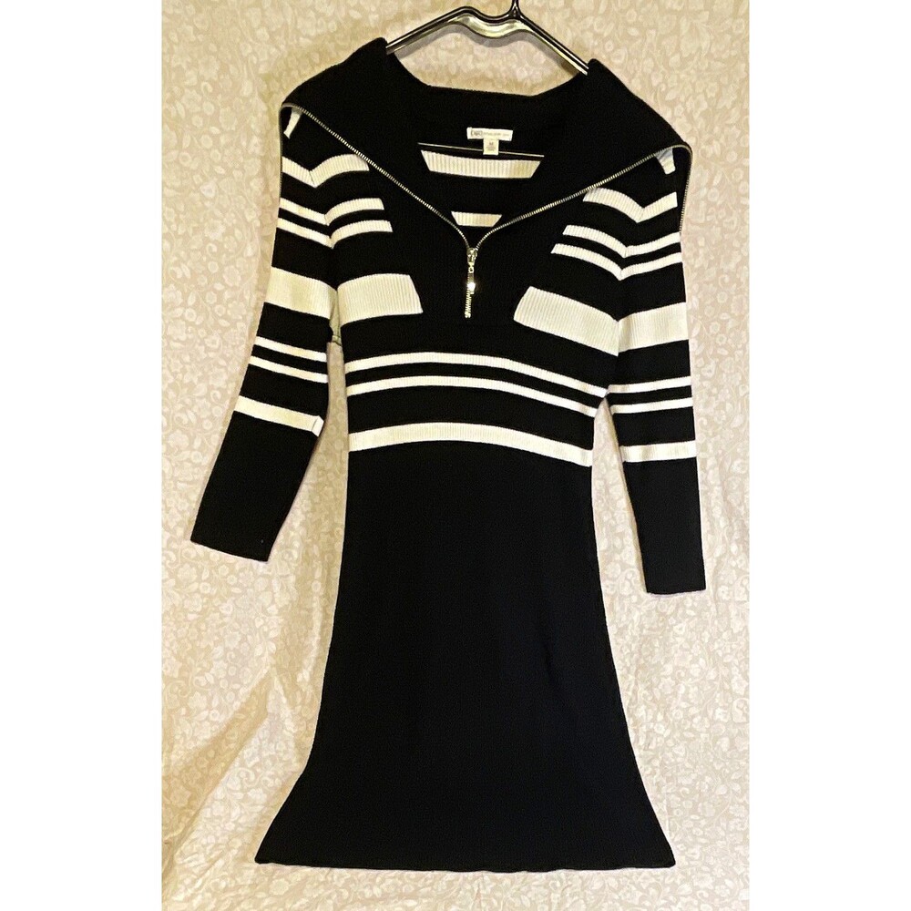 Cato Women's M Black/White Striped Knit V-Neck Zip Sweater Dress 3/4 Sleeve